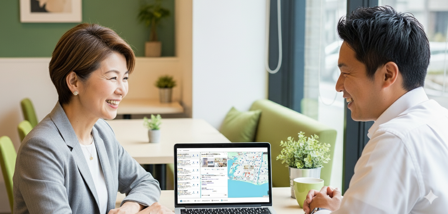 Googleマップの店舗検索の打ち合わせをしている男女